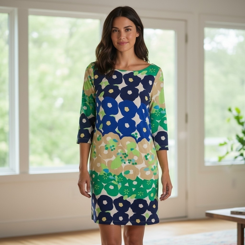 Old Navy Blue Green Mod Floral Shift Dress M NWT 3/4 Sleeve Back Zip Art Gallery